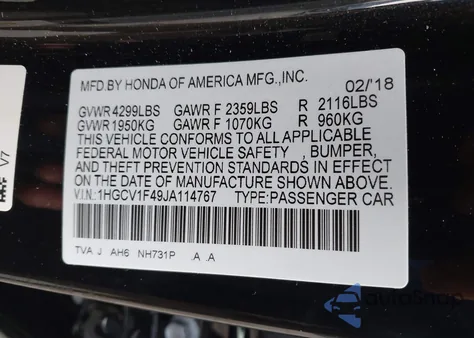 2018 Honda Accord Ex z USA, uszkodzony, nr VIN 1HGCV1F49JA114767